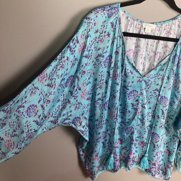 Sundance top blouse XS peasant floral blue dolamon boho silk blend - Picture 5 of 11